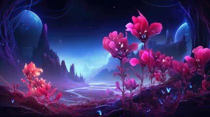 Flowers in glowing cosmic forest or garden landscape. Fantasy fairy tail abstract blossoming alien flowers with galaxy space Universe. Floral magical galaxy background. AI illustration digital art..