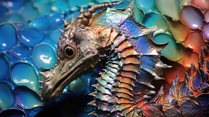 Canvas Print - Seahorse vibrant portrait. Underwater macro close up of sea horse. AI illustration..