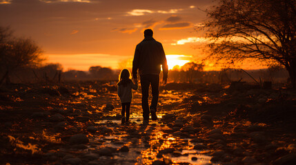 Wall Mural - Father and little daughter walking in the field at sunset. Happy family.