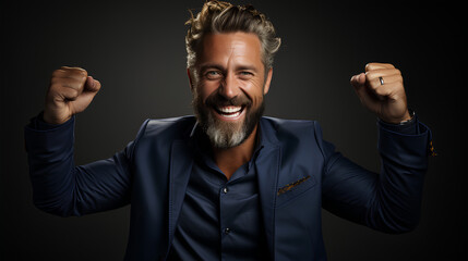 Wall Mural - Portrait of a happy young man with a beard in a blue jacket on a dark background.