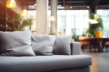 Poster - Defocused shot of a modern living room interior with gray sofa, blurred image, copy space.