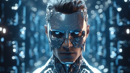 Fototapete - Artificial intelligence, Futuristic humanoid cyber man with a neural network, Half man, half robot, Futuristic abstract background for Business Science and technology.