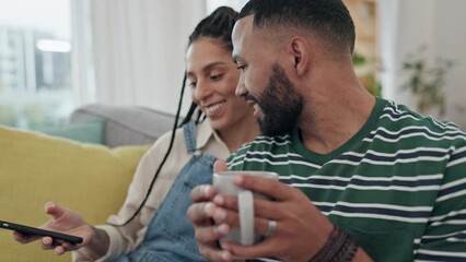 Poster - Relax, coffee and phone with couple on sofa for social media, search and communication. Happy, post and network with man and woman drinking tea in living room at home for news, online and mobile app