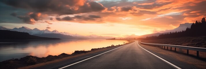 Poster - Road with mountains and Lake at sunset.