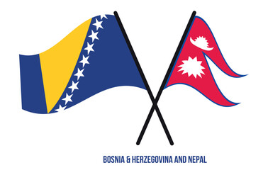 Bosnia & Herzegovina and Nepal Flags Crossed And Waving Flat Style. Official Proportion Colors.