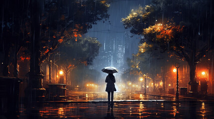 Wall Mural - girl with umbrella walking in a city park in autumn at night