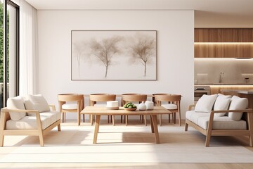 Poster - White frame with living room seating, beige armchairs, modern details, mock up and adjacent kitchen. On trend design concept. image.