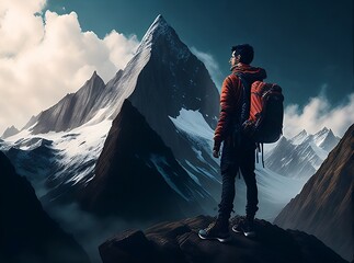 Mountaineer climber with mountain in the background. Climbing mountains, adventure and trekking. Mountain trekking clothing, sportswear. Traveling in the mountains. AI generative.