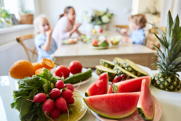 Fresh fruits and vegetables on table