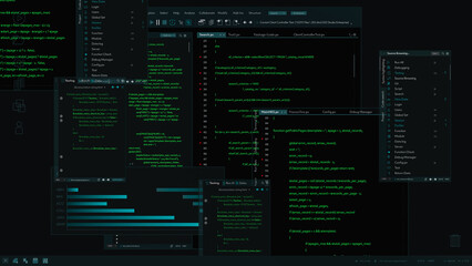 Fototapete - 3D Render: Software Backend Mock-up with Different Windows With Code Opened Up. Dark Project Monitoring Interface with Programming Environments. Template for Computer Displays and Laptop Screens.