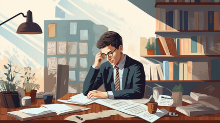 Poster - A person sitting at a desk, surrounded by paperwork related to real estate loans