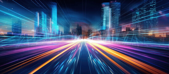 Digital data flow on road with motion blur to create vision of fast speed transfer .