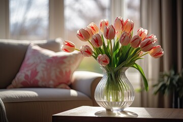 Canvas Print - Tulip vase on table in living room with sofa.