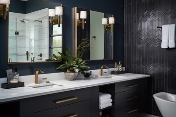 Wall Mural - Contemporary bathroom with double vanity, modern mirrors, and white tile backsplash in dark blue setting.