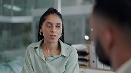 Canvas Print - Human resources, recruitment and a business woman in the office for an interview with a candidate for job opportunity. Hiring, meeting and vacancy with an employee talking to a manager in a workplace