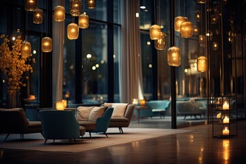Luxury hotel interior with blurred bokeh light, suitable for design.