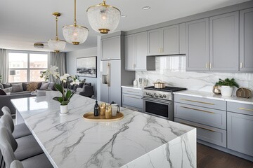 Poster - A stylish kitchen in Chicago with gold hardware, stainless steel appliances, and white marbled granite counters.