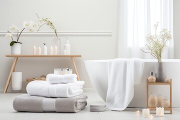 Canvas Print - White bathroom with bath preparations, including body care products and towels.