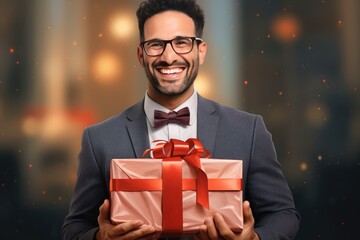 A Happy Man in a Suit is Holding a Gift Box. A fictional character Created By Generated AI.