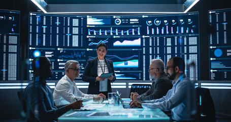 Aufkleber - Diverse Team Of Data Scientists and Software Developers Discussing Reports in Monitoring Room with Analytics Feed on Big Digital Screen. Female Leading Artificial Intelligence Company Board Meeting