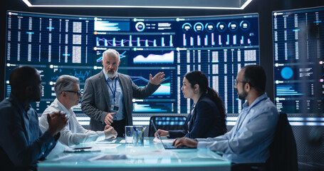 Aufkleber - Team of Medical Professionals Having a Meeting in a Research and Development Science Laboratory. Diverse Group of Scientists Discussing New Trial Drug Treatment Results on Big Digital Screen
