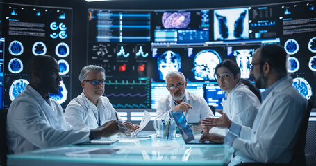 Aufkleber - Chief Doctor Conducting a Pre-Operative Assessment Meeting With His Surgical Team. Group of Brain Surgeons Discussing Possible Treatment in an Advanced Laboratory with Interactive Digital Screens
