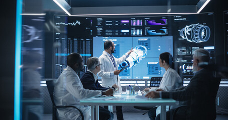 Wall Mural - Team of Industrial Engineers Having a Meeting in a Research and Development Science Laboratory. Diverse Group of Professionals Discussing New Turbine Design on Big Digital Screen