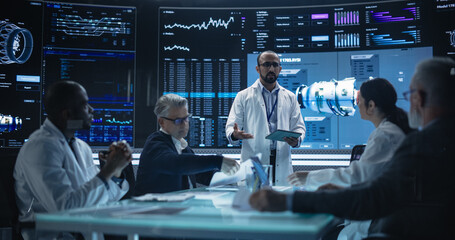 Aufkleber - International Aerospace Research and Manufacturing Company Working on Turbine Jet Engine. Engineer Having a Meeting with a Group of Multiethnic Scientists in a Room with Big Digital Screen