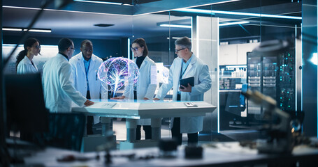 Wall Mural - Diverse Group Of Neuroscientists Having A Meeting Around Futuristic Computer Hologram Of Human Brain In Laboratory. Researchers Looking at AI-Powered VFX Projection High-Tech Concept.