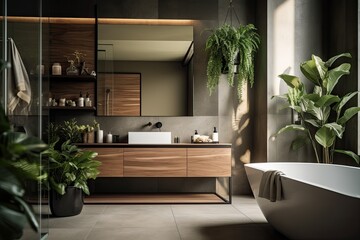 Wall Mural - Contemporary bathroom with light ambiance, modern decor, and wooden counter adorned with plants.