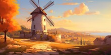 AI Generated. AI Generative. Vintage Retru Old Windmill Building Nature Outdoor Countryside Landscape Background. Adventure Trip Journey Background Fall Season