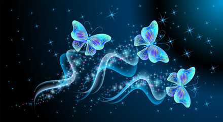 Wall Mural - Fairytale night sky with magical butterflies with sparkling trail and glowing stars. Fantasy sparkle blue background.