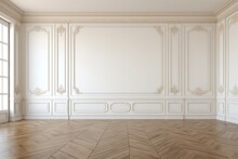 An Empty Room With A Modern Framed Parquet Floor And Classic Wall Interior.