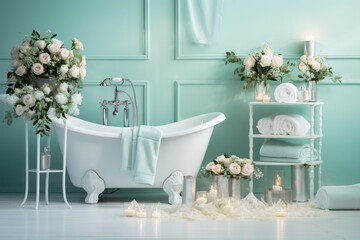 Poster - Elegant mint colored bathroom decor with soft lighting, white roses, and accessories on a pastel background.