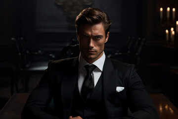 Poster - generative ai collage portrait of elegant man model in stylish trend suit looking in camera celebrat