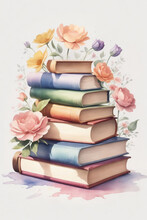  Books On A White Background With Flowers The Beginning Of The School Year