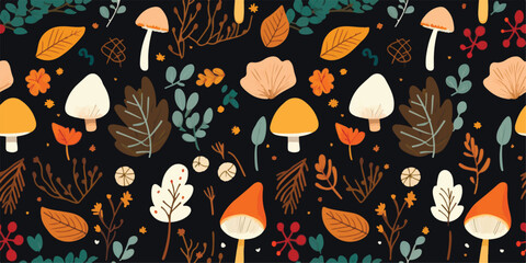 Poster - Autumn decorative seamless pattern with seasonal elements, acorns, plants, leaves, mushrooms