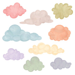 Wall Mural - Watercolor hand painted cloud set isolated on white. Vector illustration.