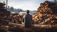 A Man Sits On A Thick Log In A Sawmill. Back View.