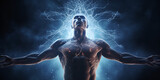  Human body with neural energy Inner energy of a human being manifested by  light Boxing and fitness concept. Boxer man fighting or posing in gloves on black background Energy and power.  AI Generat 