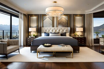 Luxury master bedroom interior furnished with two nightstands topped with stone and brass lamps, Large ivory cream tufted upholstered headboard bed and a tufted bench at the foot of the bed