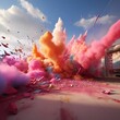 A large colorful powder is falling out of the cloud and exploding on a pink surface. 