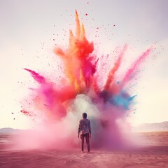 Wall Mural - A large colorful powder is falling out of the cloud and exploding on a pink surface. 