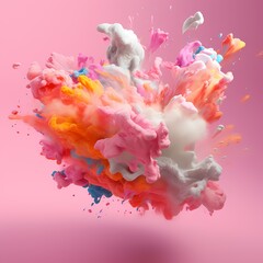 A large colorful powder is falling out of the cloud and exploding on a pink surface. 