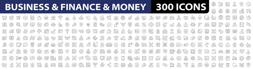Wall Mural - Big Set of 300 Business icons. Business and Finance. Money icons. Money, contact, bank, check, law, auction, exchange, payment, wallet, deposit, piggy, calculator and more. Vector illustration.