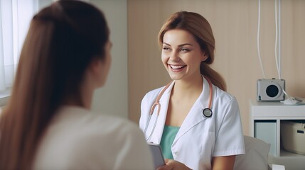 Wall Mural - medicine, healthcare and people concept - female doctor with tablet pc computer talking to smiling woman patient at hospital