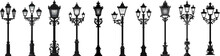 A Beautiful Set Of Lighting Fixtures For Outdoor Urban Lighting In Flat Style. Isolated Vintage Style With Various Shapes And Types Of Street Lamps.  Illustration.