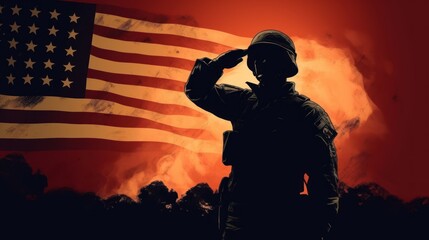 silhouette of a soldier salute with American flag on the background 