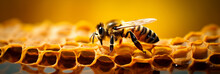 Close Up Of Honey Bee On A Honeycomb