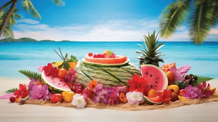 Sticker -  a painting of watermelon, pineapples, and other fruits on a beach.  generative ai